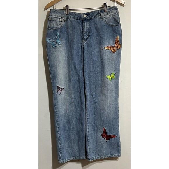 Dressbarn petite denim jeans butterfly embroidery patch Distress 10P Wide Leg. P - Picture 1 of 8
